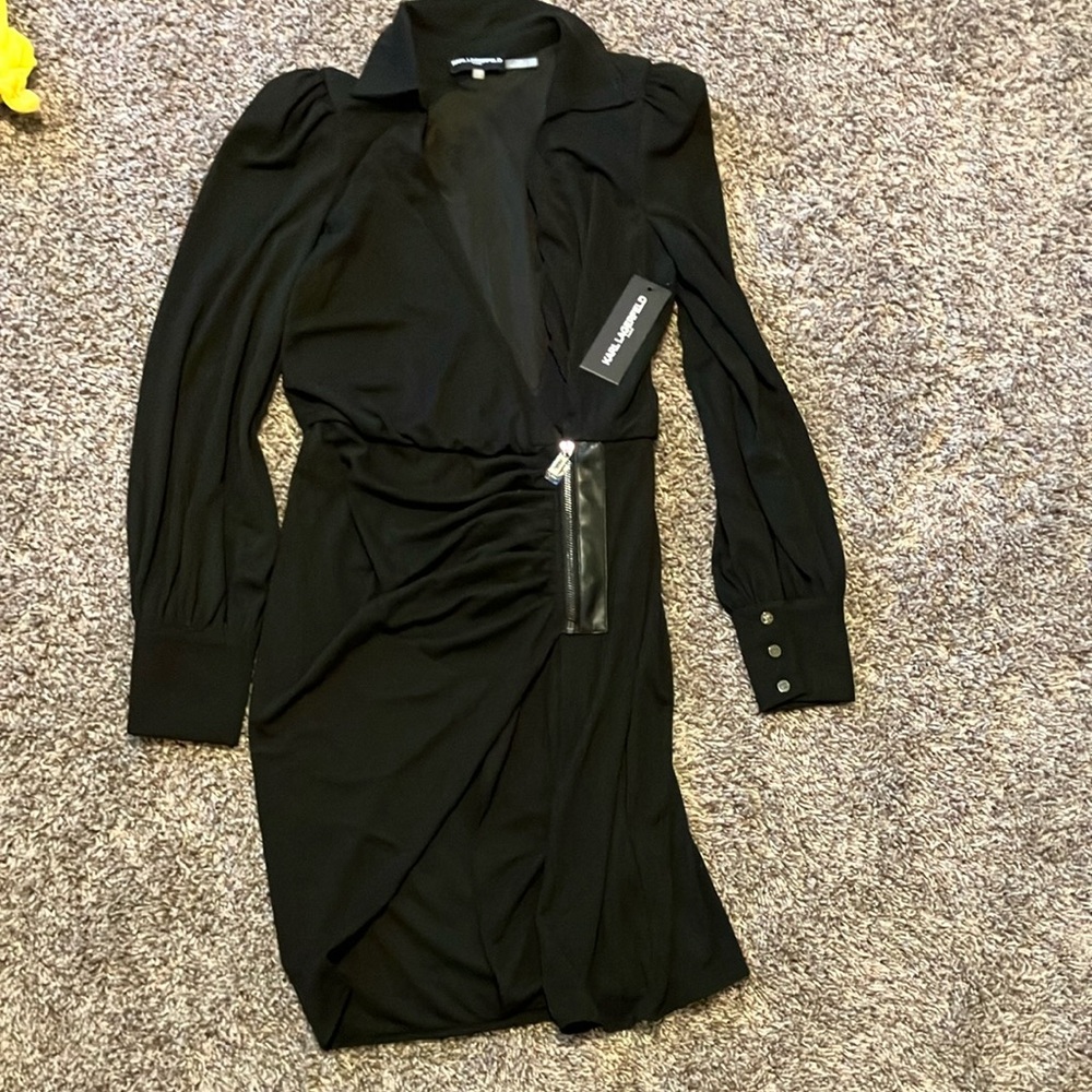 Karl Lagerfeld Black Ruched Wrap Dress with Notched Collar